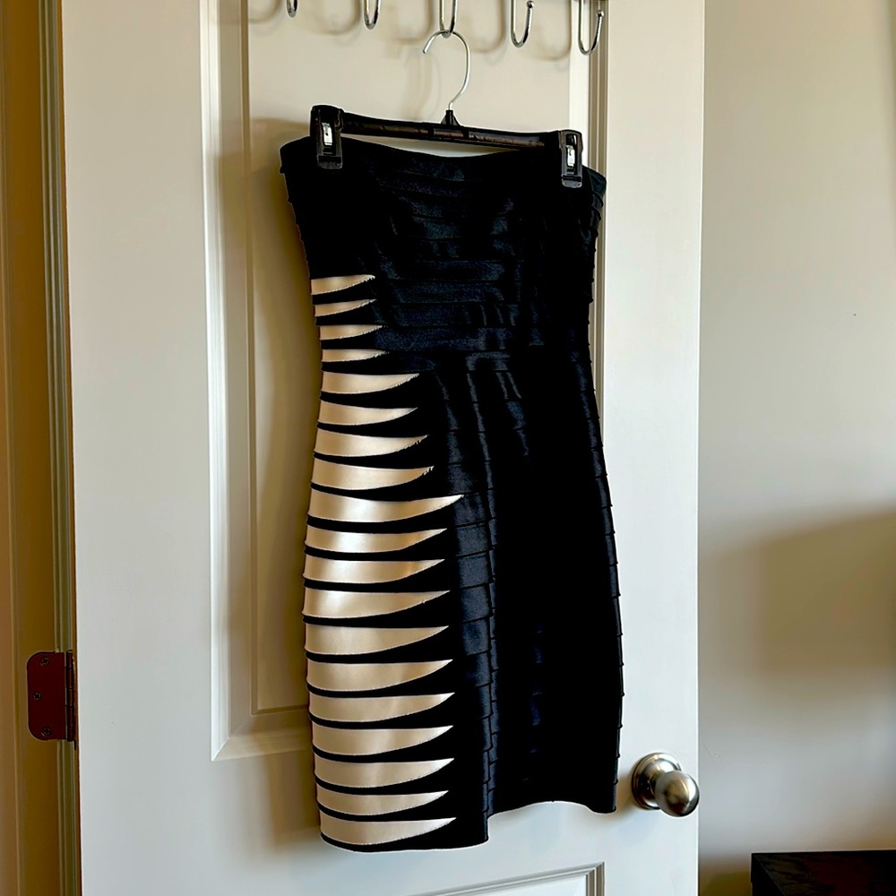 Strapless, black-and-white cocktail dress. BCBG.